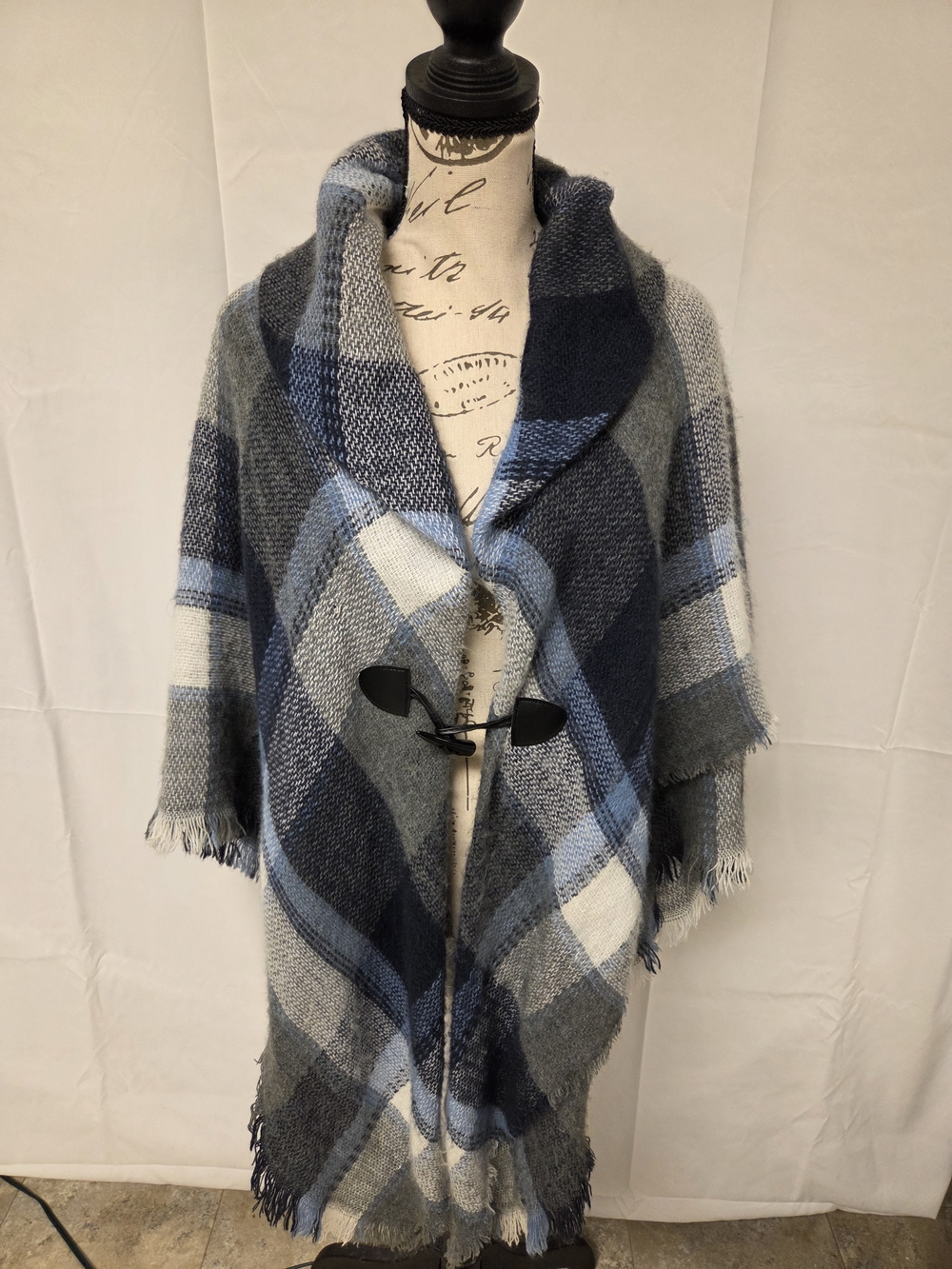 Plaid Shawl Wrap with Toggle Closure in Blue and Gray